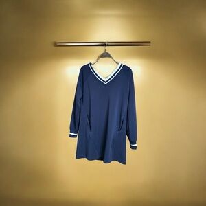 Aerie Blue V-Neck Pullover Dress with White Accents and Pockets
